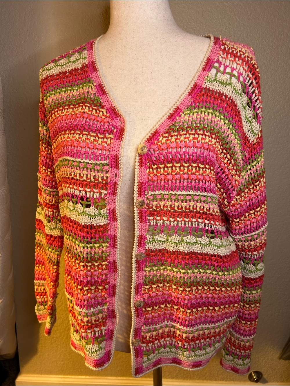 Crochet-Style Multicolor Women’s Cardigan Sweater Cotton Ramie